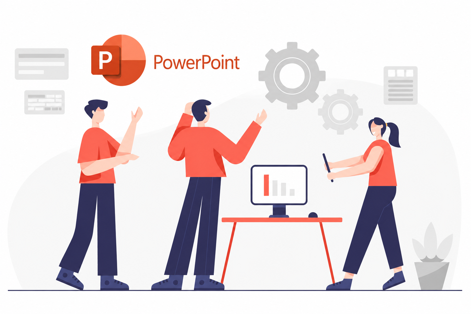 A team building a PowerPoint presentation together