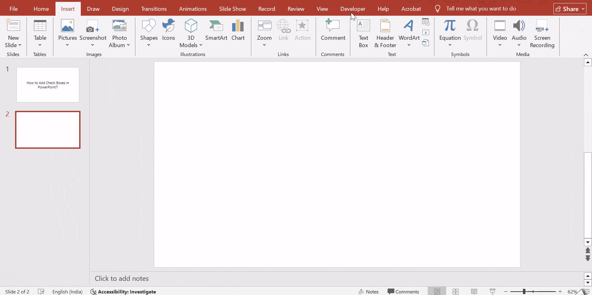 Insert the checkbox control