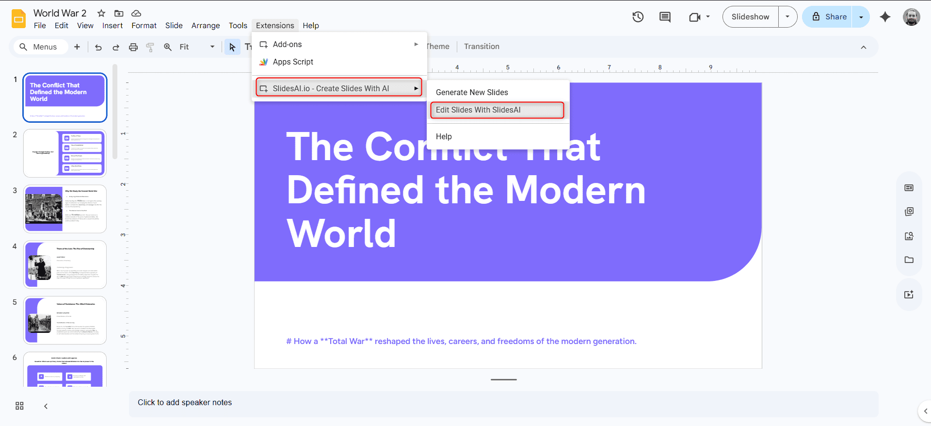 Edit Slides with SlidesAI in Google Slides