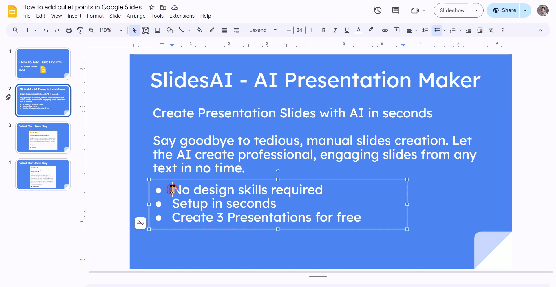 add sub bullet points in google slides on desktop