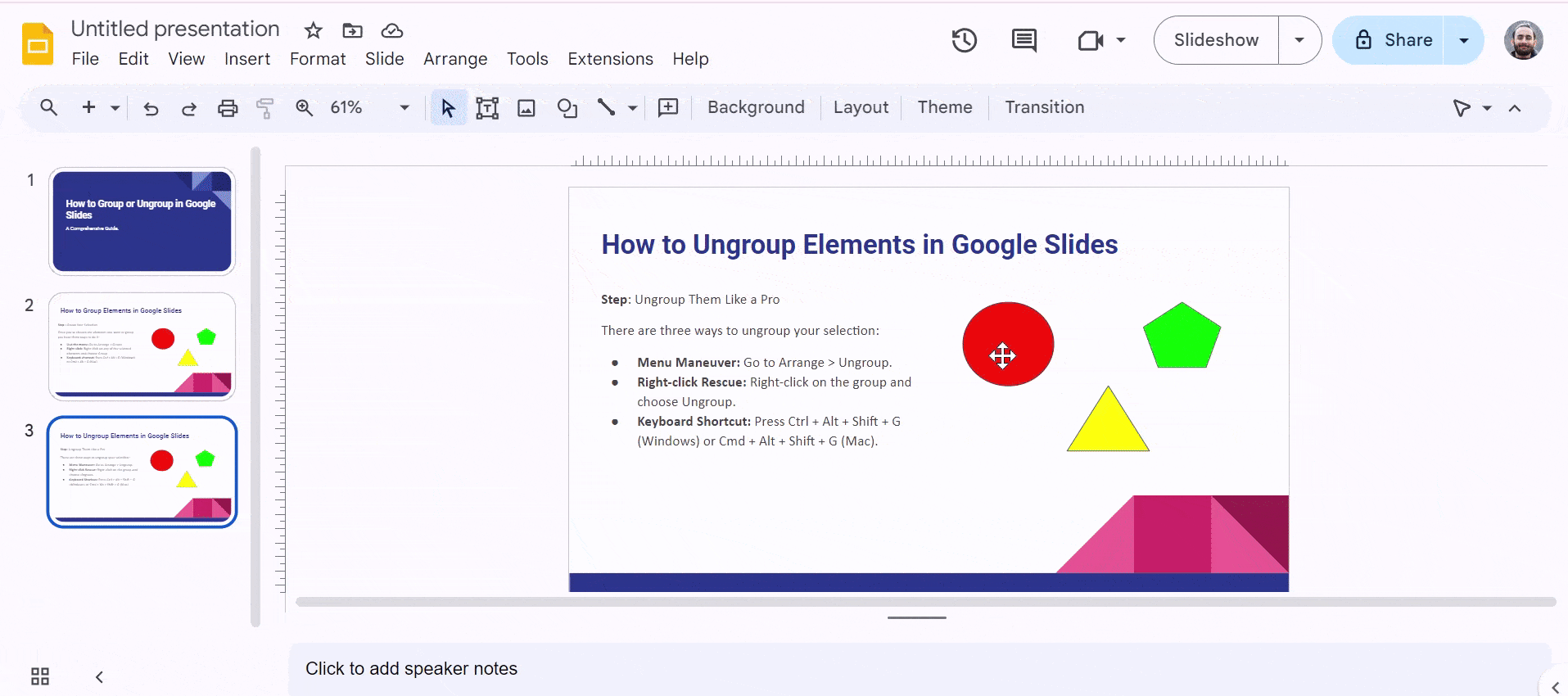 Ungroup Elements in Google Slides