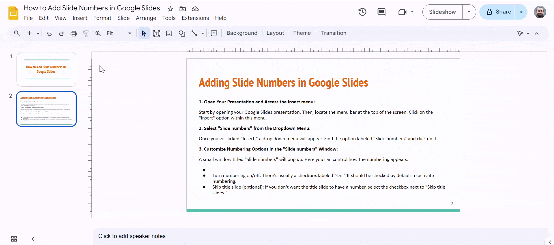 Adding Slide Numbers in Google Slides