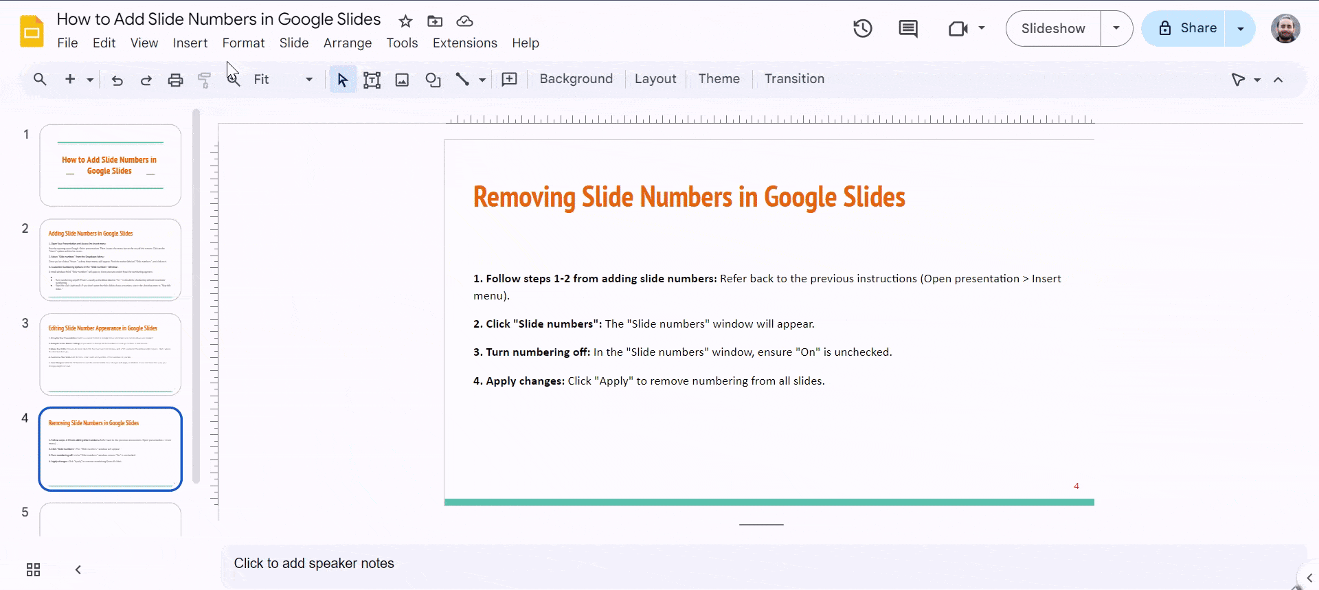 Removing Slide Numbers in Google Slides