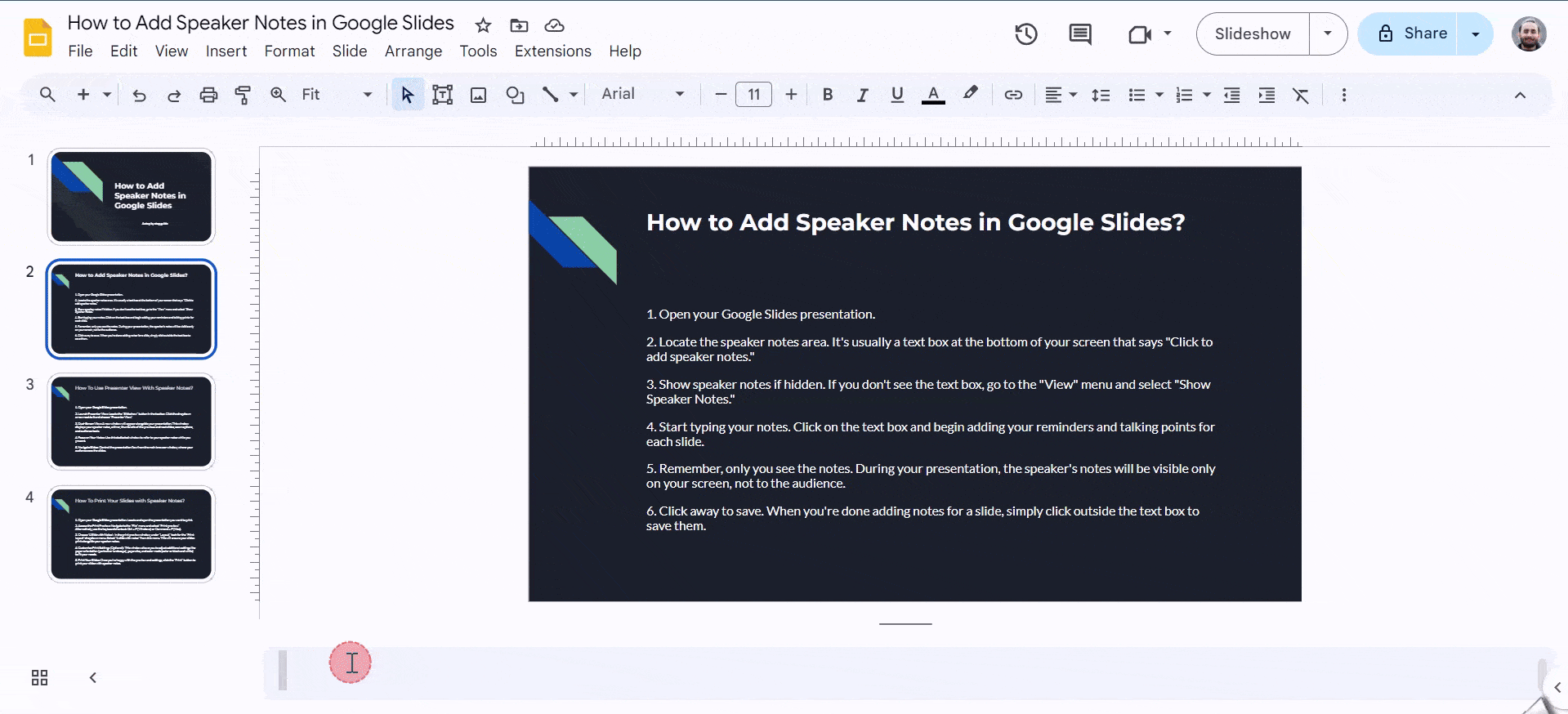 how to add speaker notes in google slides