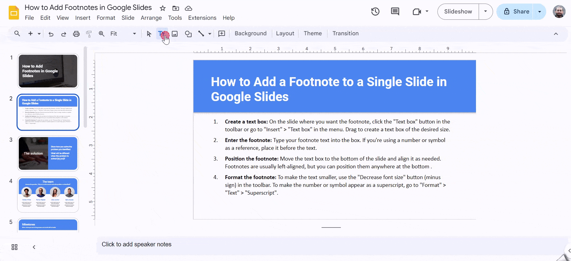 How  to add a footnote to a single slide in Google Slides