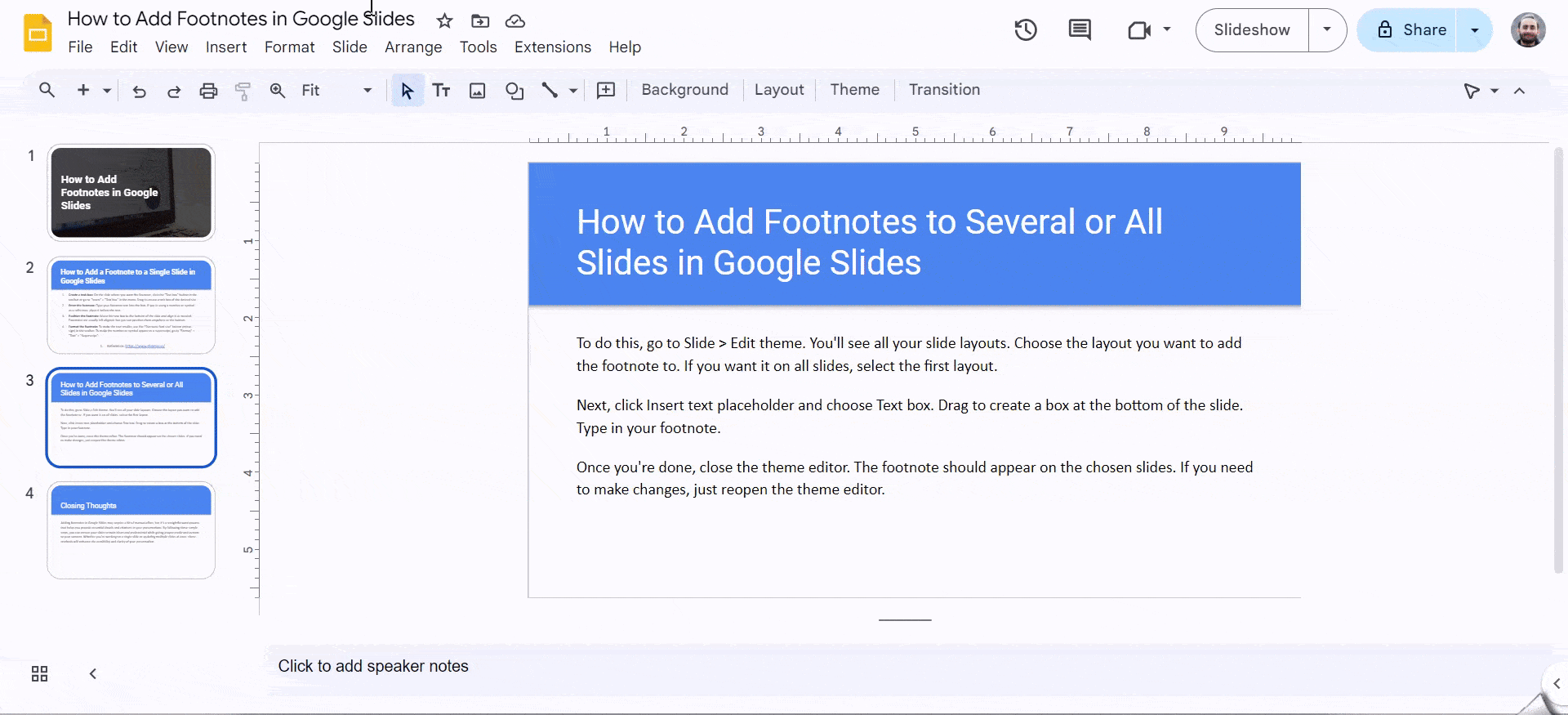 How to Add Footnotes to Several or All Slides in Google Slides