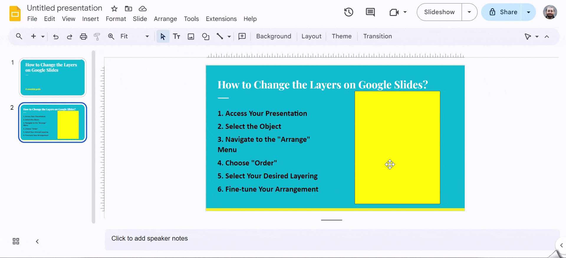 How to change layers in google slides