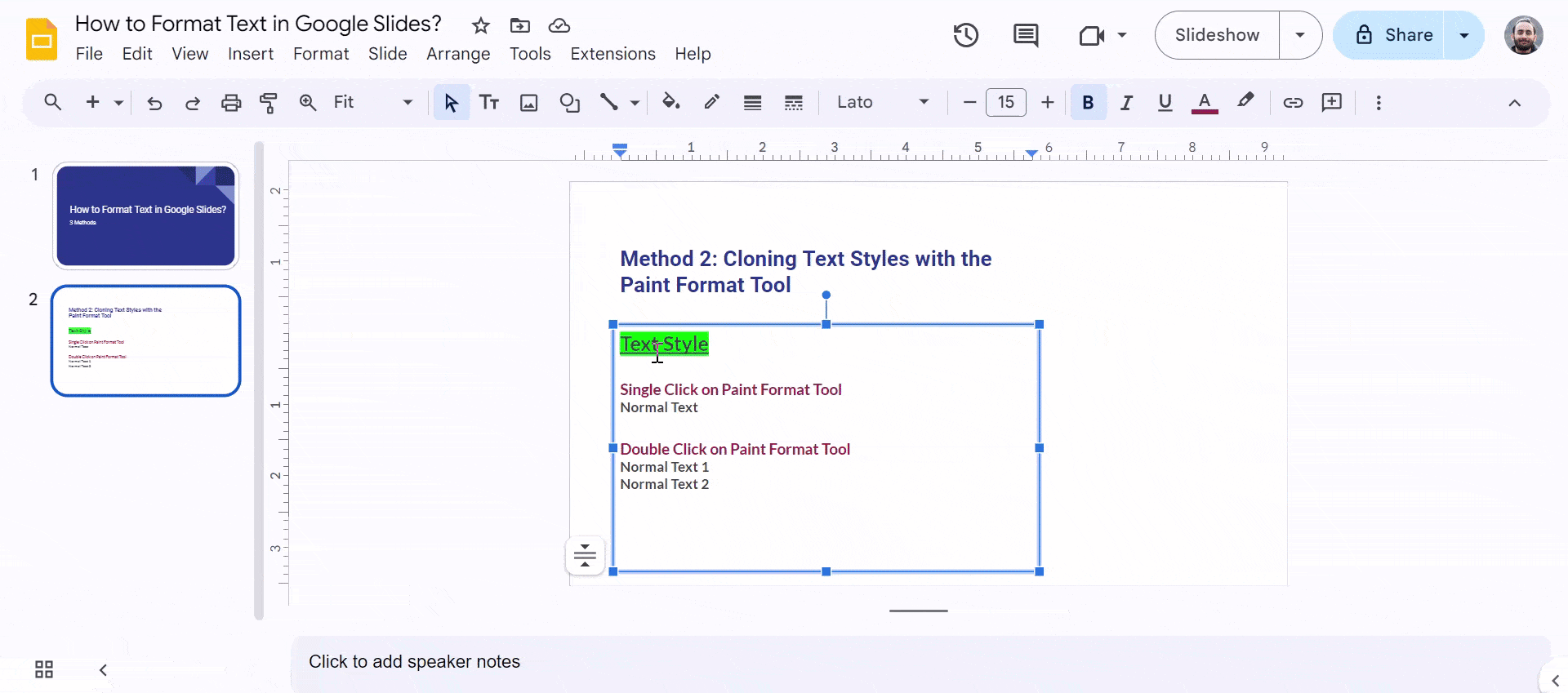 Cloning Text Styles with the Paint Format Tool in Google Slides