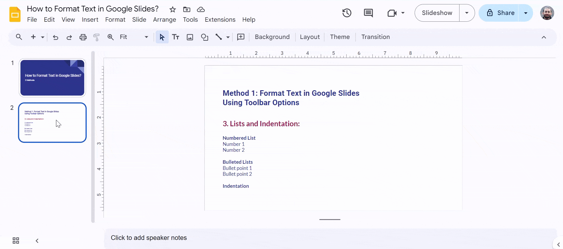 Lists and Indentation in Google Slides