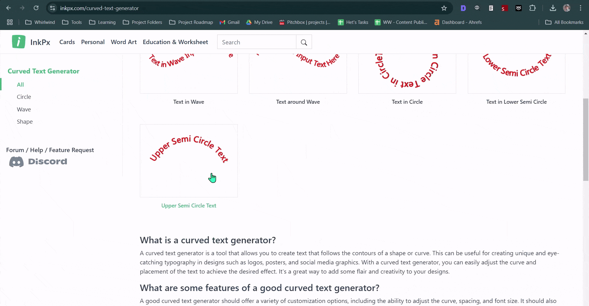 create curved text in inkpx