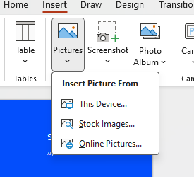 In the Insert tab, select Pictures 