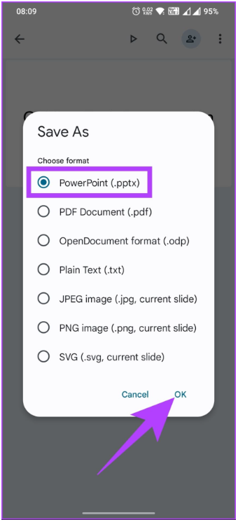 To save, select 'PowerPoint (.pptx)'