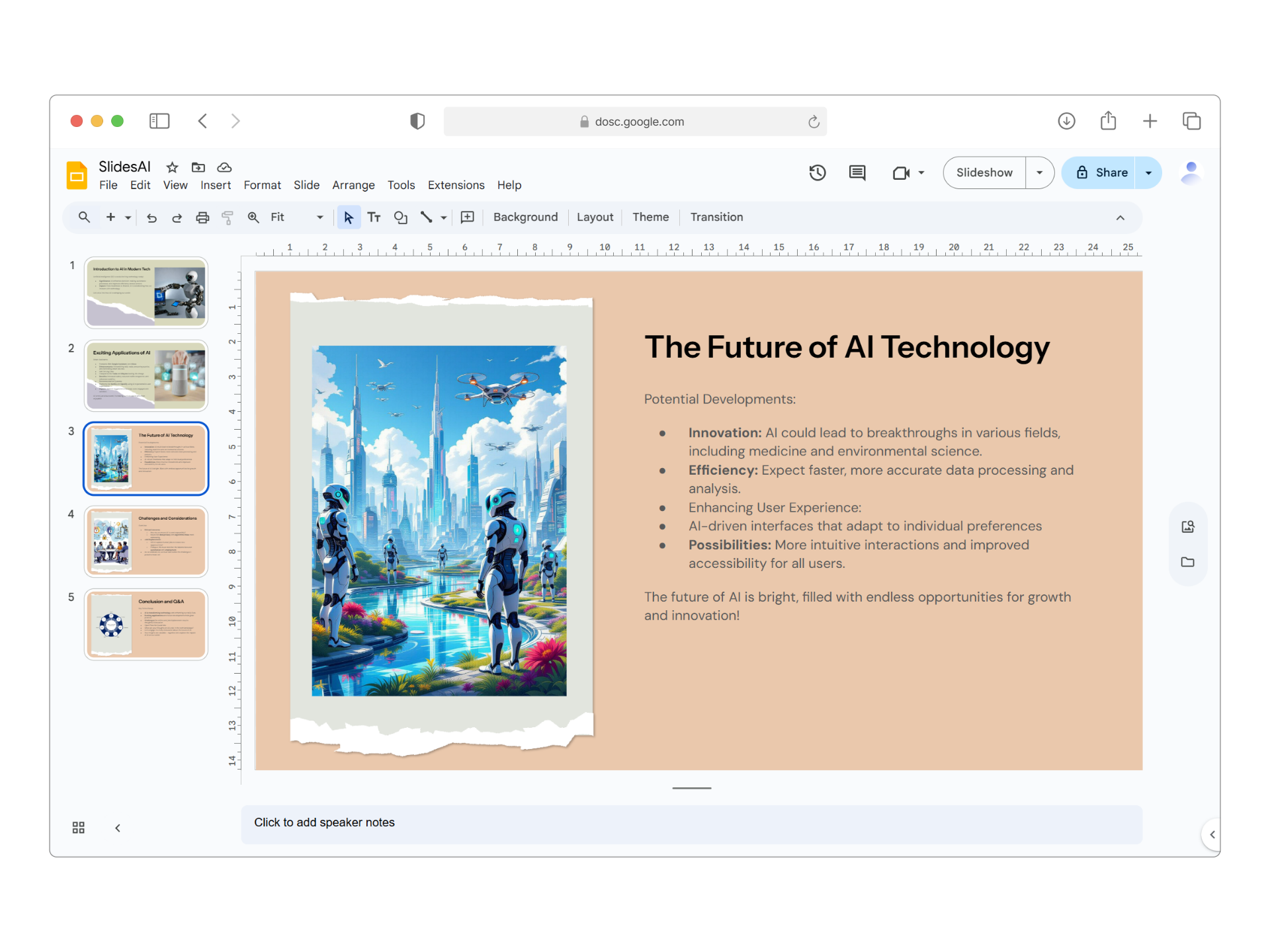 SlidesAI Google Slides add-on interface showing AI-generated presentation slides with formatted content from text input